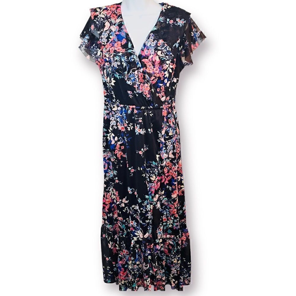 SPENCE Floral Faux Wrap Maxi Dress Ruffled Navy Multi S